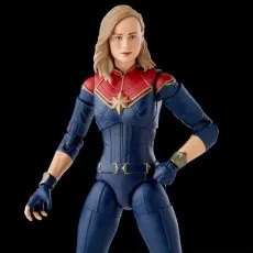 Close-up of the Captain Marvel action figure in her blue, red, and gold suit