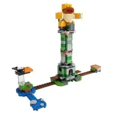 A LEGO set of a tall, green and gray tower with a yellow character on top and a small water area.