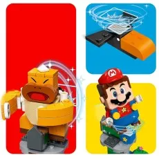 A split-screen image showing the interactive play features of a LEGO Super Mario Boomer Bill Barrage set.