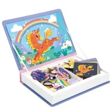 A children's unicorn magnetic puzzle set, with colorful pieces stored in a book-shaped box.