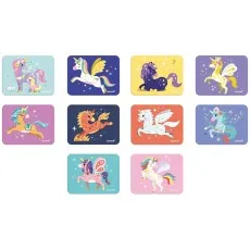 The nine example cards from the Janod Magnéti'book with different unicorn designs.
