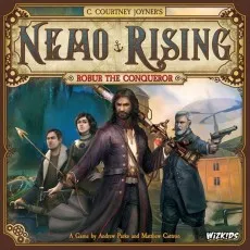 The cover of the board game Nemo Rising, with a man holding a futuristic rifle at the center of the image.