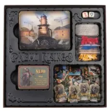 The unboxed Nemo Rising game, showing the organized tray with cards, tokens, and dice.