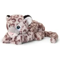 Cuddly, realistic snow leopard cub plush toy lying down with blue eyes