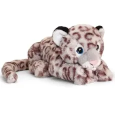 Lying down plush toy of a snow leopard cub with light grey and brown spots