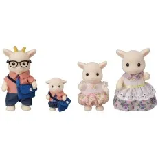 The Sylvanian Families Goat Family set, including a mother, father, and two children standing in a row.