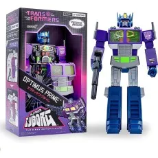 Super7 Cyborg Optimus Prime X-Ray action figure in purple and blue, next to its retail box