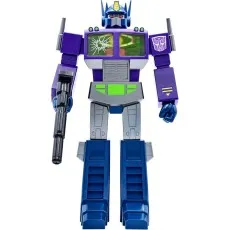 Purple and blue Optimus Prime toy with a cracked windshield