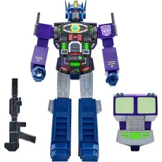 Purple and blue Optimus Prime toy with open chest showing internal mechanics, gun, and chest plate