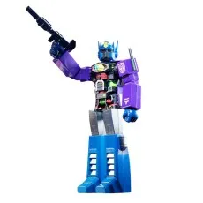 Purple and blue Optimus Prime toy with open chest holding a gun raised in the air