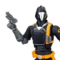 A G.I. Joe action figure, with a black suit and orange harness, holding a pistol.