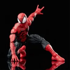 Red and black Spider-Man action figure in a crouching, web-slinging pose