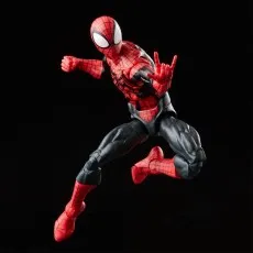 Red and black Spider-Man action figure in a mid-air leaping or web-slinging pose