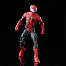 Red and black Spider-Man action figure in a walking or ready pose on a black background