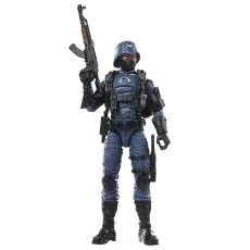 A G.I. Joe Cobra Officer action figure in blue and black gear holding a rifle.