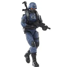 A G.I. Joe Cobra Officer action figure posed in a combat stance, holding a rifle.