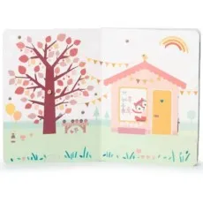 A kids' storybook open to an illustration of animals having a tea party.