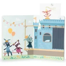 An open children's book showing a pop-up castle with cartoon animals.