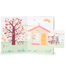 An open pop-up children's book showing a party scene with cartoon animals..