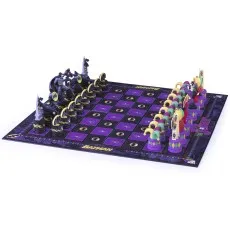 A Batman vs. Joker chess set on a purple and black board on a white background.