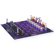 The Batman chess set with all pieces arranged on the board, ready to play.