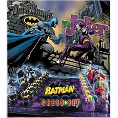 The box for a Batman vs. The Joker chess set with a comic book style illustration.