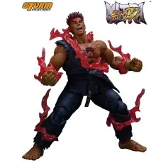 An action figure of Evil Ryu from Street Fighter, with red energy effects.