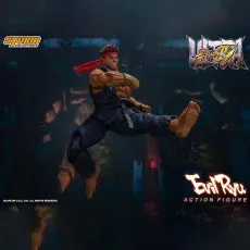 A Storm Collectibles Evil Ryu action figure performing a flying kick