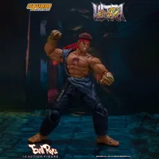 A Street Fighter Evil Ryu action figure posing in a fighting stance with a ripped gi.