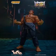 An action figure of Evil Ryu from Street Fighter roaring with anger, with a scar on his chest.