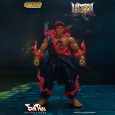 An action figure of Evil Ryu from Street Fighter with red energy effects around him.