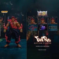 An Evil Ryu action figure next to a display of its accessories and interchangeable parts.