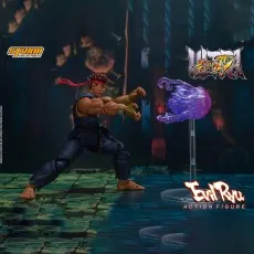 An Evil Ryu action figure posing to throw a purple energy projectile.