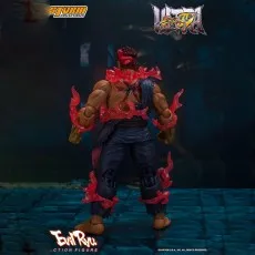 The back of a Street Fighter Evil Ryu action figure with a red energy symbol..