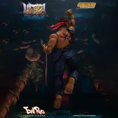 The back of a Street Fighter Evil Ryu figure with a scar and red symbol..