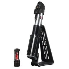 The hilt of a Darth Vader Force FX Elite Lightsaber on a display stand.