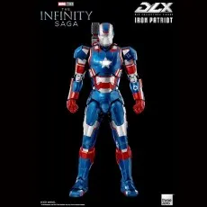 The Marvel DLX Iron Patriot collectible figure standing at attention, holding a rifle.