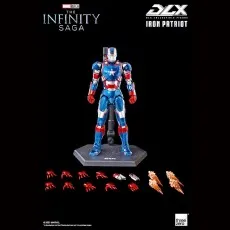 A Marvel DLX Iron Patriot figure with interchangeable hands and thruster effects