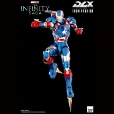 An action figure of the Iron Patriot from Marvel's The Infinity Saga, posed mid-flight.