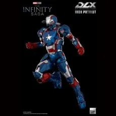 The Marvel DLX Iron Patriot figure in a mid-air running or jumping pose.