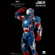 The Marvel DLX Iron Patriot figure saluting, with its blue, white, and red armor.