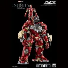 An Iron Man Mark 43 figure standing on the shoulder of the Hulkbuster armor.