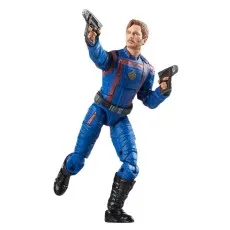 A collectible toy of Star-Lord, with a brown beard and hair, with two guns.