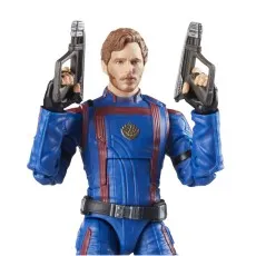 The Star-Lord action figure in a blue and red jumpsuit, walking forward with guns.