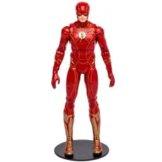 A full-body shot of a highly detailed Flash action figure wearing a metallic red suit with golden accents.