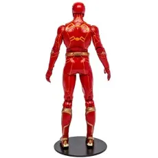 A rear view of a Flash action figure, showing the intricate gold lightning patterns on the back of his suit.