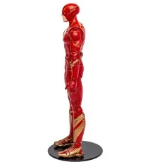 A side view of the Flash action figure standing on a black display base. The figure has a red suit with gold accents.
