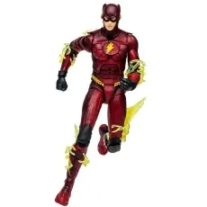 A Flash action figure in a dynamic running pose, with yellow lightning accessories attached to its limbs.