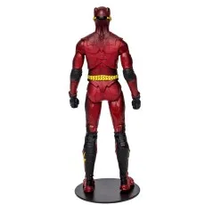 A rear view of a Flash action figure, showing the textured red suit with black and yellow accents and belt.