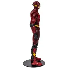 A side view of the Flash action figure on a black stand, highlighting the suit's dark red and black sections..